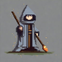 Create a pixel art image of a wizard in a hooded poncho holding a stick