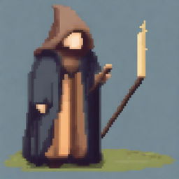 Create a pixel art image of a wizard in a hooded poncho holding a stick