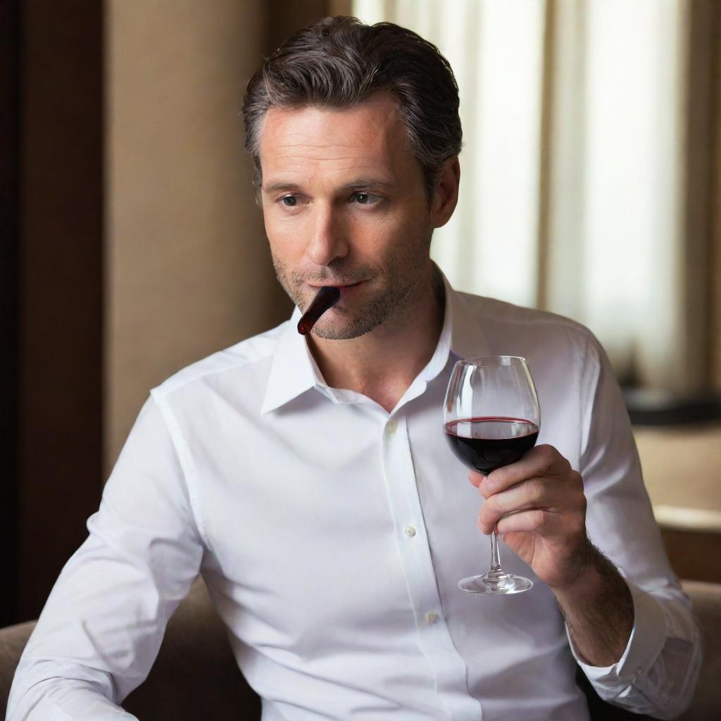 A sophisticated man leisurely sipping a glass of exquisite red wine