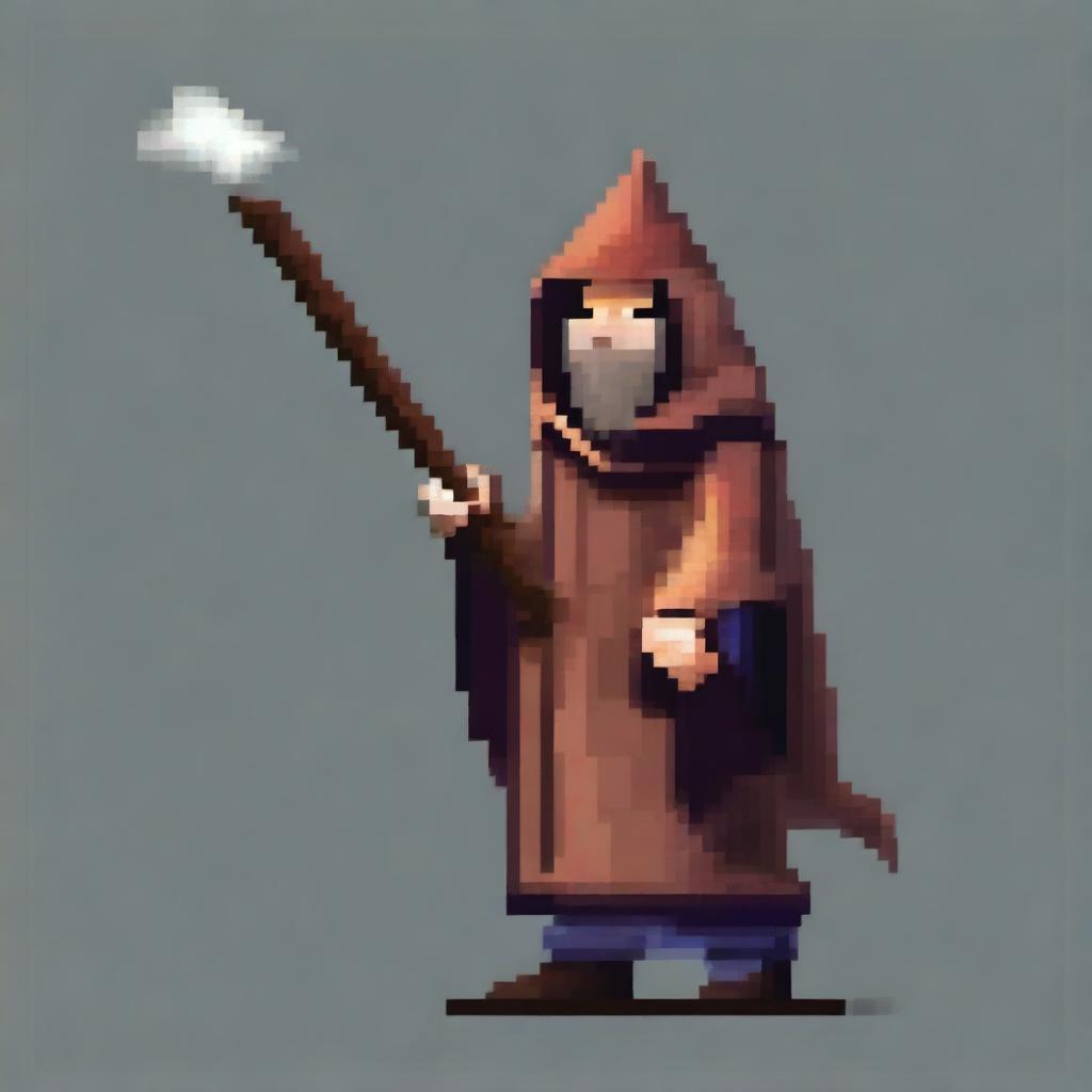 Create a pixel art image of a wizard in a hooded poncho holding a stick