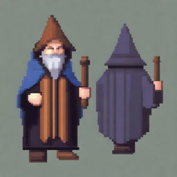 Create a pixel art image of a wizard in a hooded poncho holding a stick