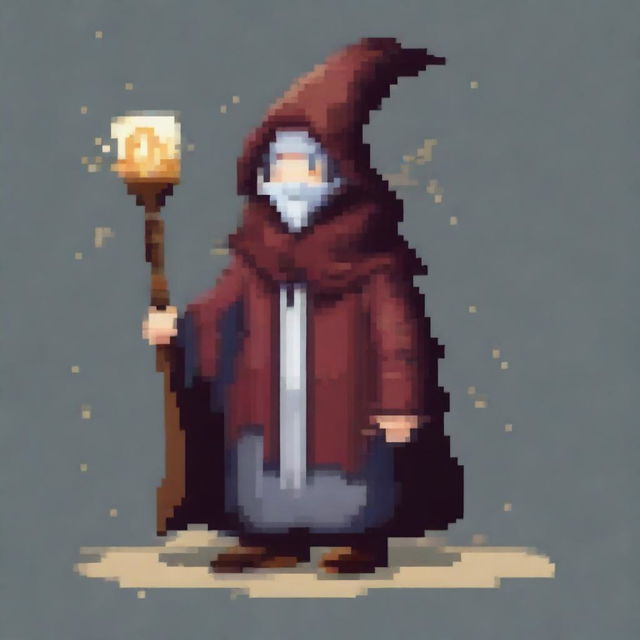 Create a pixel art image of a wizard in a hooded poncho holding a stick