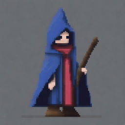 Create a pixel art image of a wizard in a hooded poncho holding a stick