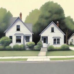 Create an image of a quiet suburban neighborhood with a focus on two houses side by side