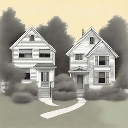 Create an image of a quiet suburban neighborhood with a focus on two houses side by side