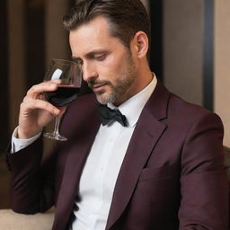 A sophisticated man leisurely sipping a glass of exquisite red wine