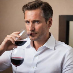 A sophisticated man leisurely sipping a glass of exquisite red wine