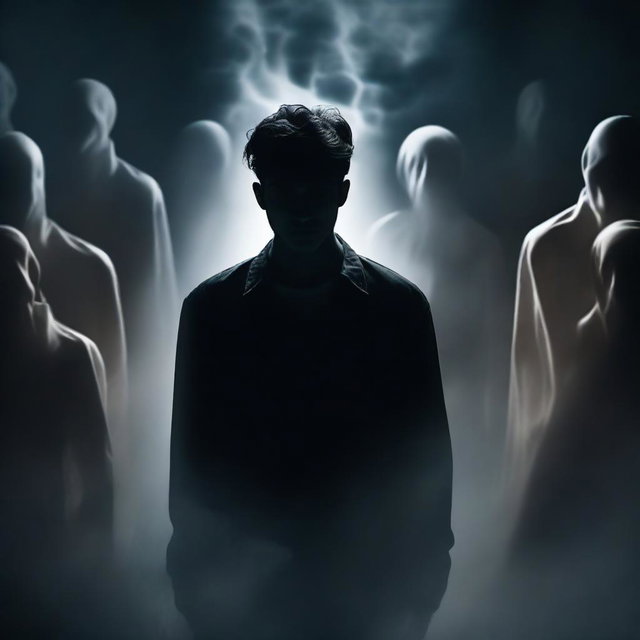 Create an image of a man surrounded by surreal, dreamlike elements