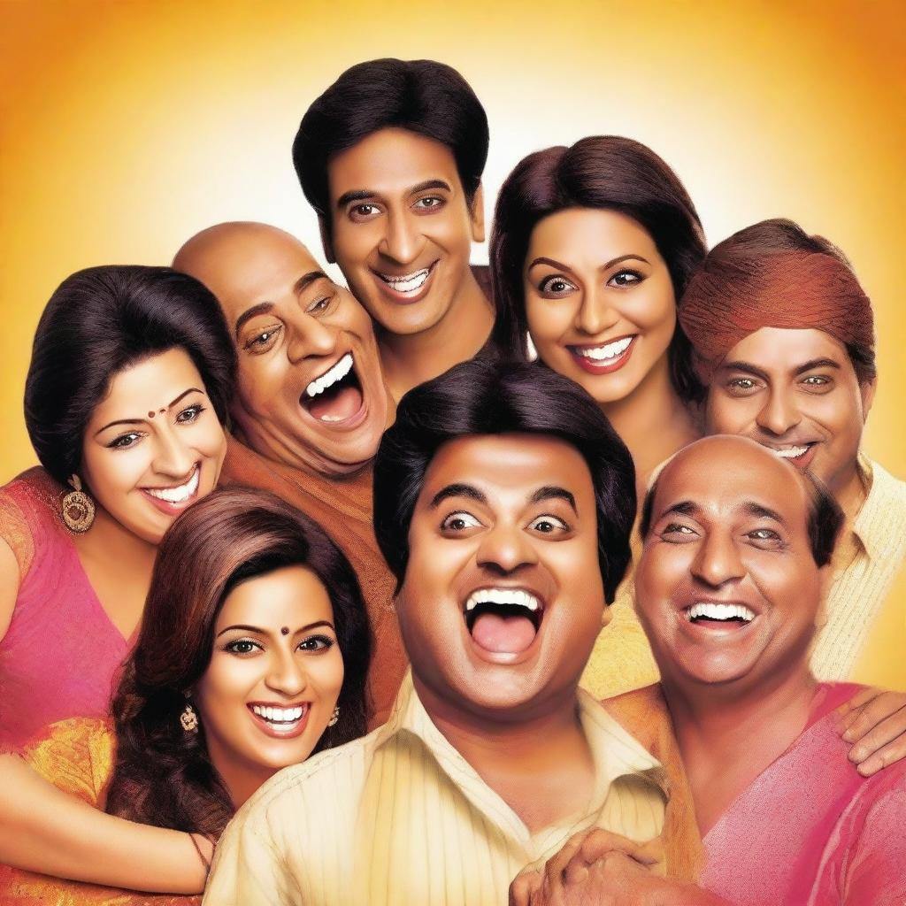 Generate an image of a Hindi comedy movie poster, featuring a group of brown-skinned individuals laughing and having a good time