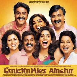 Generate an image of a Hindi comedy movie poster, featuring a group of brown-skinned individuals laughing and having a good time