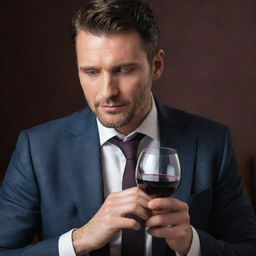 A sophisticated man leisurely sipping a glass of exquisite red wine