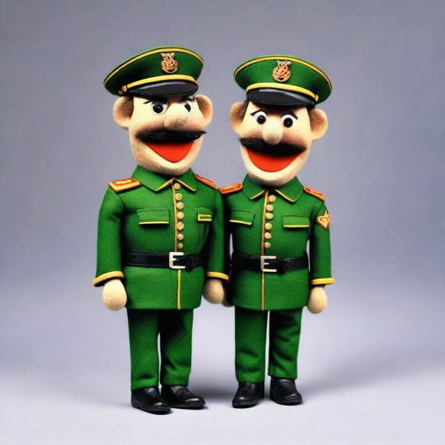 Create an image of a puppet version of a Civil Guard officer and a pair of lover puppets laughing at him