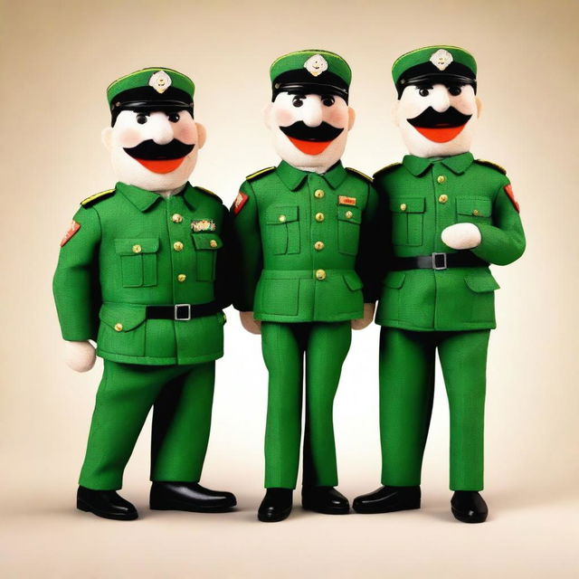 Create an image of a puppet version of a Civil Guard officer and a pair of lover puppets laughing at him