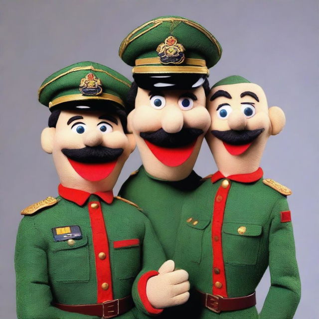 Create an image of a puppet version of a Civil Guard officer and a pair of lover puppets laughing at him