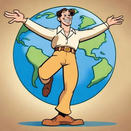 Generate an image of a cartoon character man standing triumphantly on the Earth