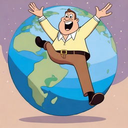 Generate an image of a cartoon character man standing triumphantly on the Earth