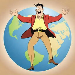 Generate an image of a cartoon character man standing triumphantly on the Earth