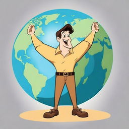 Generate an image of a cartoon character man standing triumphantly on the Earth