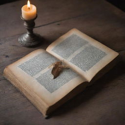 An antique book opened on a weathered table, with well-thumbed pages full of historical tales. Delicate quill on the side and glowing candle nearby, casting long shadows.