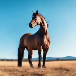 Generate an image of a gigantic horse standing majestically in an open field under a clear blue sky.