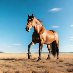 Generate an image of a gigantic horse standing majestically in an open field under a clear blue sky.