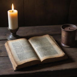 An antique book opened on a weathered table, with well-thumbed pages full of historical tales. Delicate quill on the side and glowing candle nearby, casting long shadows.