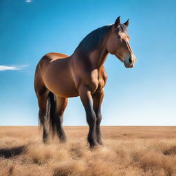 Generate an image of a gigantic horse standing majestically in an open field under a clear blue sky.