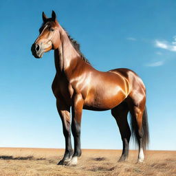 Generate an image of a gigantic horse standing majestically in an open field under a clear blue sky.