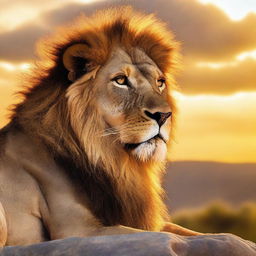 A majestic, huge lion standing proudly on a rock under the golden rays of the setting sun