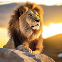 A majestic, huge lion standing proudly on a rock under the golden rays of the setting sun