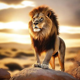 A majestic, huge lion standing proudly on a rock under the golden rays of the setting sun