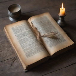 An antique book opened on a weathered table, with well-thumbed pages full of historical tales. Delicate quill on the side and glowing candle nearby, casting long shadows.