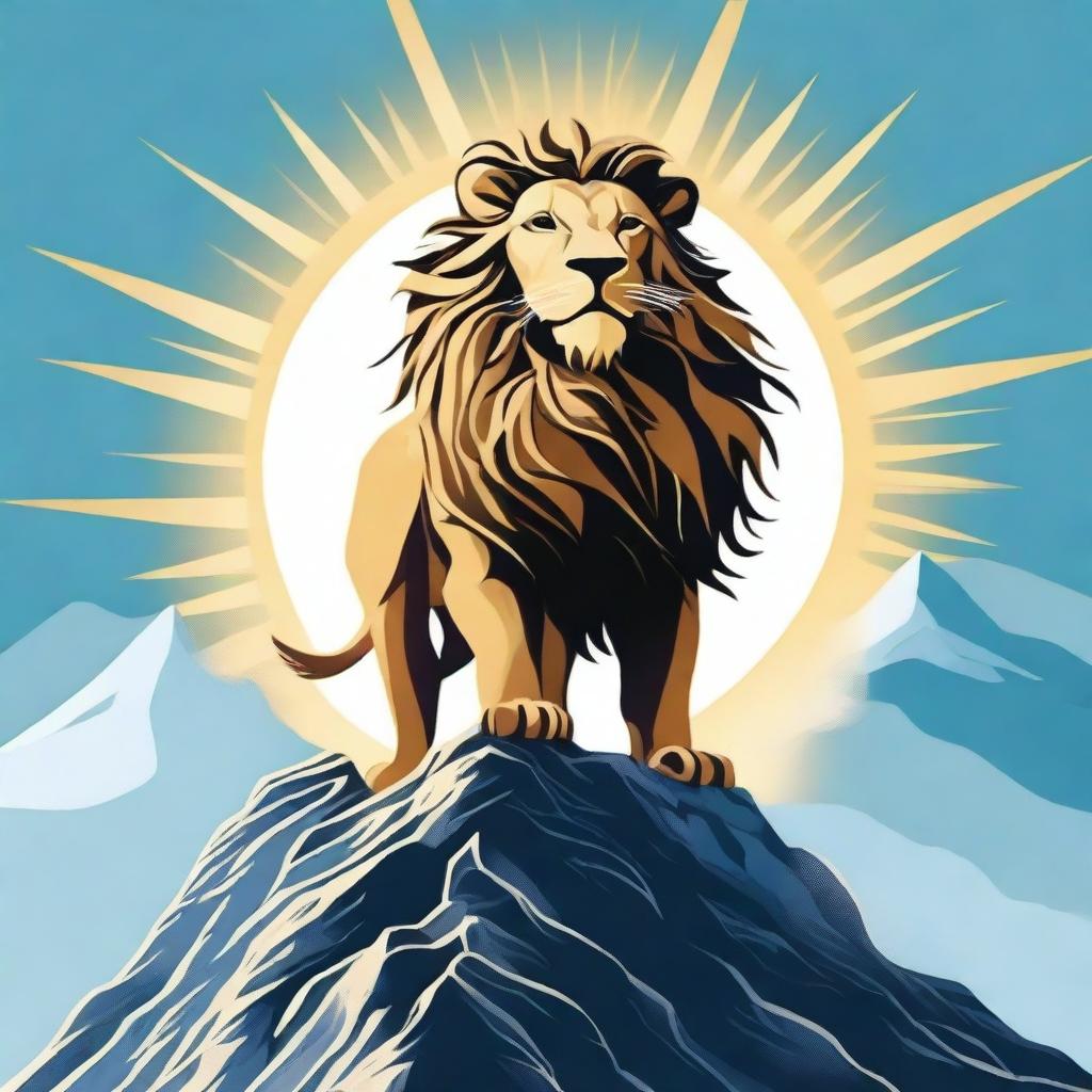 Generate an image of a majestic lion god, with a mane made of golden sun rays, standing tall on a mountain peak under a clear blue sky