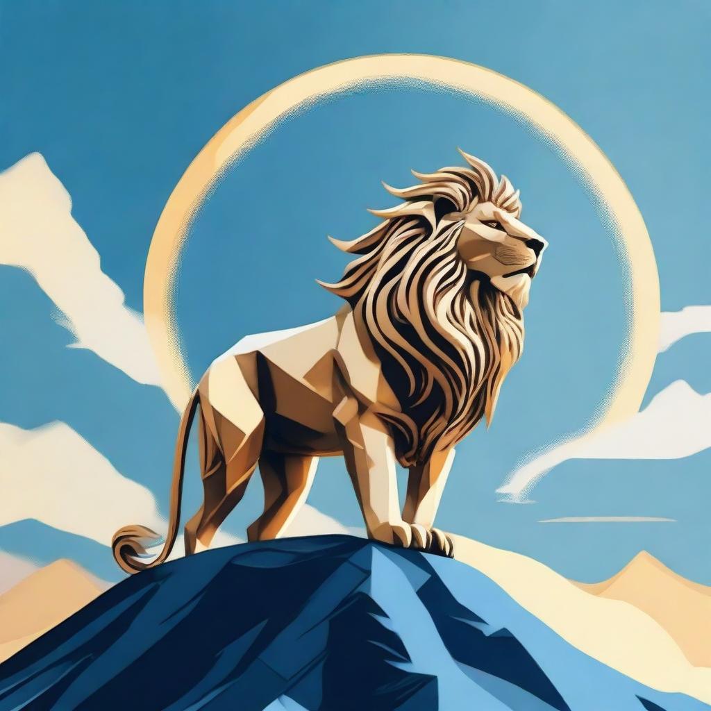 Generate an image of a majestic lion god, with a mane made of golden sun rays, standing tall on a mountain peak under a clear blue sky