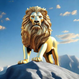 Generate an image of a majestic lion god, with a mane made of golden sun rays, standing tall on a mountain peak under a clear blue sky