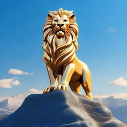 Generate an image of a majestic lion god, with a mane made of golden sun rays, standing tall on a mountain peak under a clear blue sky