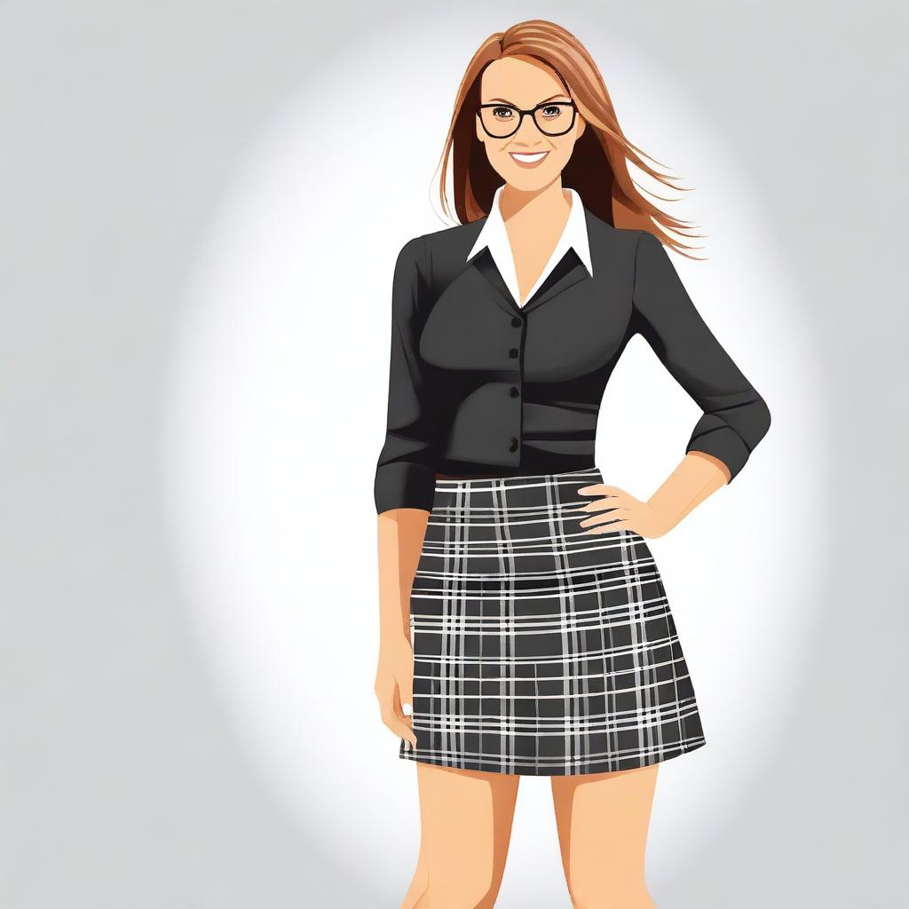 Create an artwork of a stylish and confident teacher in a mini skirt