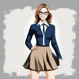 Create an artwork of a stylish and confident teacher in a mini skirt