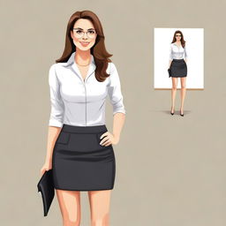 Create an artwork of a stylish and confident teacher in a mini skirt