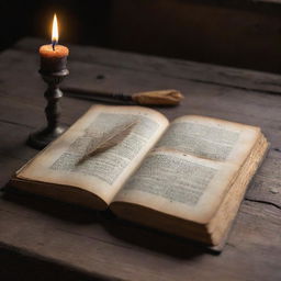 An antique book opened on a weathered table, with well-thumbed pages full of historical tales. Delicate quill on the side and glowing candle nearby, casting long shadows.