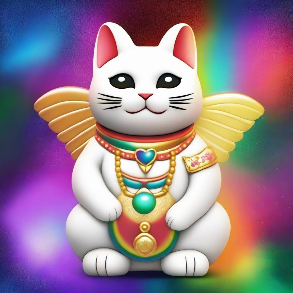 Generate an image of a white Maneki Neko, also known as a beckoning cat, wearing a gold necklace with the number nine on it