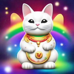 Generate an image of a white Maneki Neko, also known as a beckoning cat, wearing a gold necklace with the number nine on it