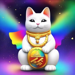 Generate an image of a white Maneki Neko, also known as a beckoning cat, wearing a gold necklace with the number nine on it