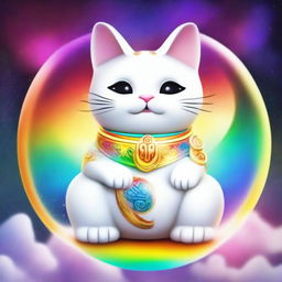 Generate an image of a white Maneki Neko, also known as a beckoning cat, wearing a gold necklace with the number nine on it