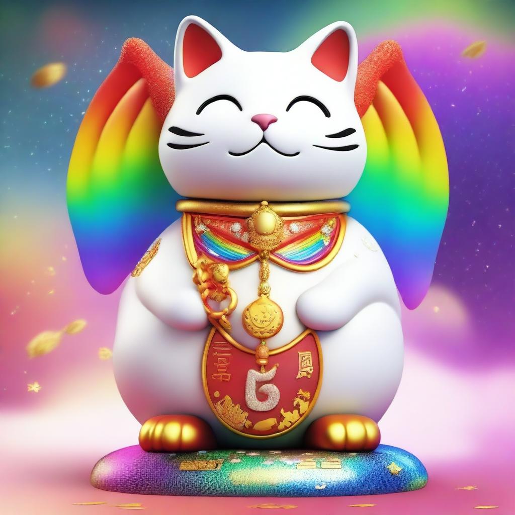 Generate a 3D image of a white Maneki Neko, also known as a beckoning cat, wearing a gold necklace with the number nine on it