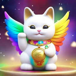 Generate a 3D image of a white Maneki Neko, also known as a beckoning cat, wearing a gold necklace with the number nine on it