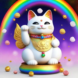 Generate a 3D image of a white Maneki Neko, also known as a beckoning cat, wearing a gold necklace with the number nine on it