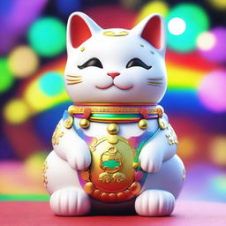 Generate a 3D image of a white Maneki Neko, also known as a beckoning cat, wearing a gold necklace with the number nine on it