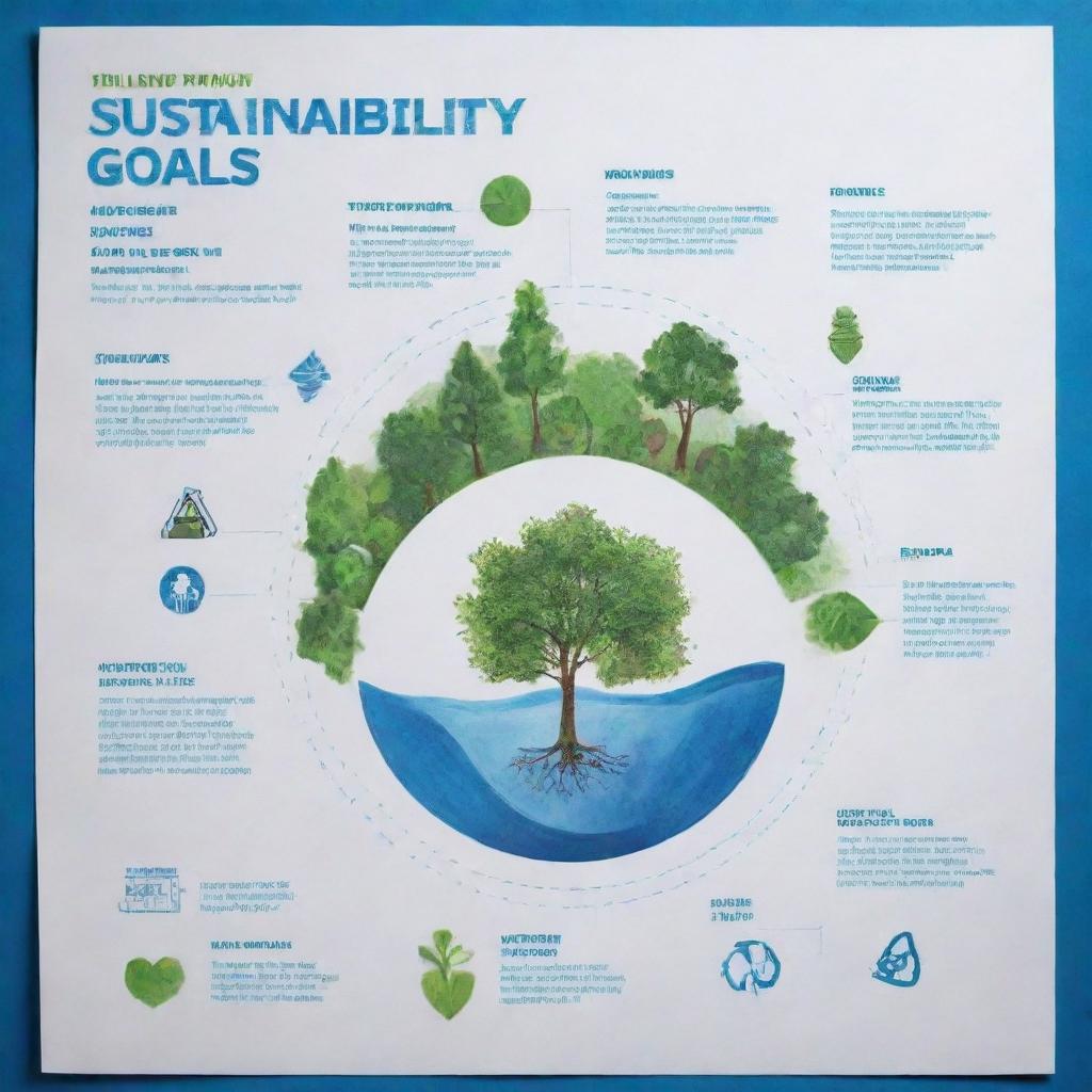 Illustrate a detailed blueprint depicting sustainability goals like renewable energy sources, waste management, planting trees, clean water and clean air initiatives.