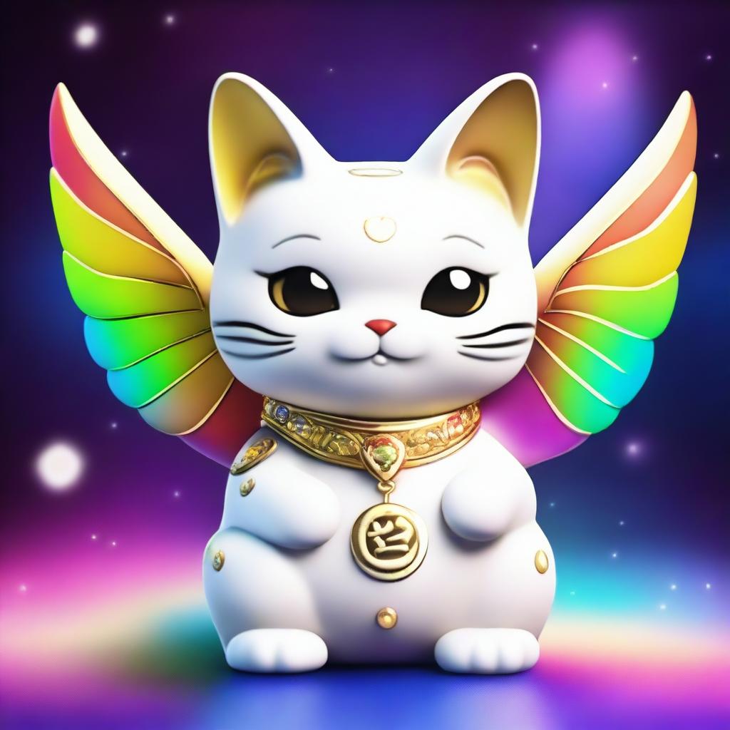 Generate a 3D anime art image of a white Maneki Neko, also known as a beckoning cat, wearing a gold necklace with the number nine on it